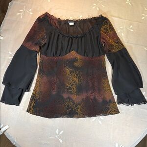 Vintage Y2K Topia Black and Gold Transparent Paisley Velvet Blouse Wide Sleeves